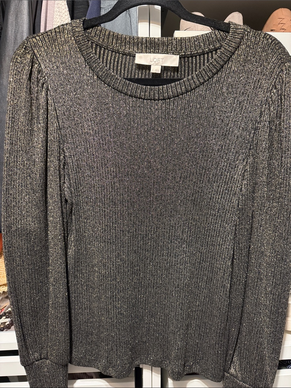 LOFT Metallic Ribbed Crewneck Sweater in Silver